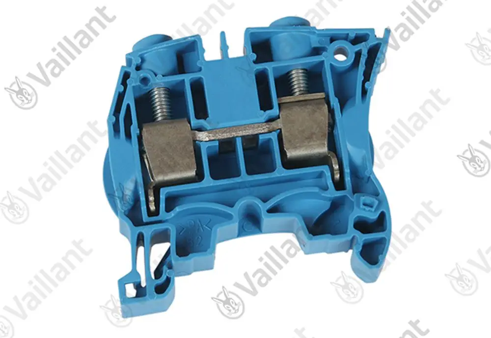 Vaillant Verbindungselement aus blauem Kunststoff mit beweglichen Metallteilen, vermutlich zur Befestigung oder Verbindung in Heizsystemen.